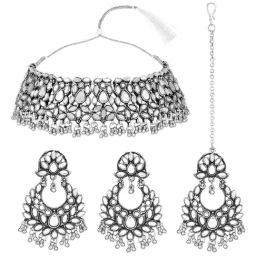 Peora Silver Plated Kundan Choker Necklace Earrings & Maangtikka Ethnic Set-image-56