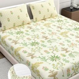Dreamscape Cream Cotton Ethnic 200 TC King Fitted Bedsheet with 2 Pillow Covers-image-92