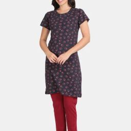 Kryptic Navy & Maroon Cotton Printed Long T-Shirt With Pyjamas-picture-40