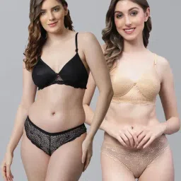 AROUSY Black & Beige Cotton Self Pattern Bra Panty Set - Pack Of 2-image-86