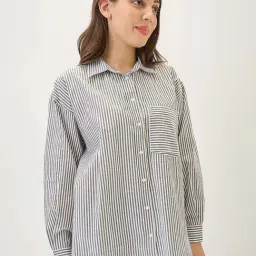 Globus Women Black Cuffed Sleeves Vertical Stripes Chest Pocket High-Low Hem Workwear Shirt-image-47