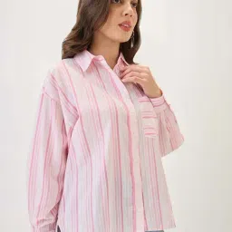 Globus Women Pink Cuffed Sleeves Vertical Stripes Chest Pocket High-Low Hem Workwear Shirt-image-8