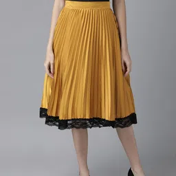 KASSUALLY Women Mustard Yellow Satin Lace Insert Accordion Pleated Skirt-picture-13
