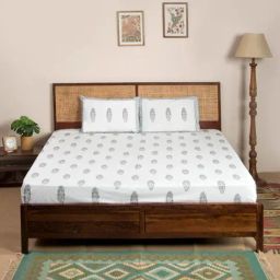 Fabindia Mina Buta Blue Cotton Printed 180 TC King Flat Bedsheet with 2 Pillow Covers-31