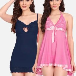 FIMS: Fashion is my Style Pink & Navy Lace Work Babydoll With Thong-picture-43