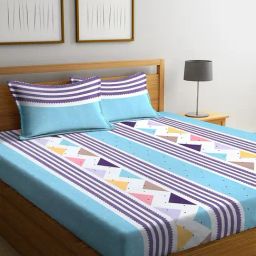 Klotthe Striped Blue 210 TC Cotton Blend King Bed Sheet with 2 Pillow Covers-image-4
