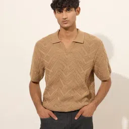 Ascot by Westside Taupe Textured Relaxed-Fit Polo T-Shirt-image-34