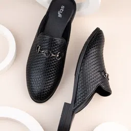 Styli Men Patterned Faux Leather Slip On Mules with Buckle Details-16