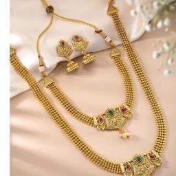 Peora Gold Plated Synthetic Stone & Pearl Peacock Pattern Necklace with Earrings Set-23