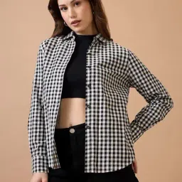 Globus Women Black & White Checked Collared Neck Cuffed Sleeves Shirt Style Top-image-3