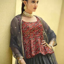 SHUBHKALA Grey & Red Embellished Lehenga and Choli Set With Dupatta image 3