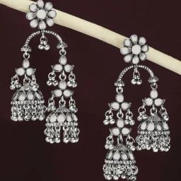 OOMPH Oxidized Silver Mirror Kundan Work Jhumki Earrings-14