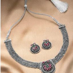 Peora Silver Plated Red Green Synthetic Stone Studded Choker Necklace & Earrings Set-12