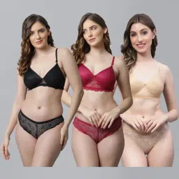 AROUSY Black & Maroon Cotton Self Pattern Bra Panty Set - Pack Of 3-image-12
