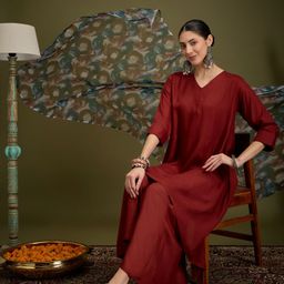 InWeave V-Neck A-Line Kurta With Palazzos And Dupatta-11