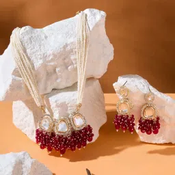 Zaveri Pearls Rani Pink Cluster Beads Drop Multistrand Beaded Necklace & Earring Set-ZPFK17931 image 2