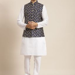 SOJANYA Men White Chikankari Pure Cotton Kurta with Churidar & Nehrujacket-37
