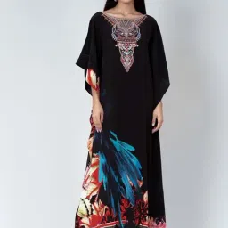 First Resort By Ramola Bachchan Black & Blue Splash Print Embellished Silk Full Length Kaftan-picture-4