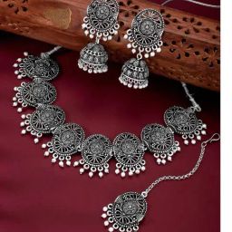 Peora Traditional Silver Plated Choker Necklace Jhumki Earrings & Maangtikka Set-16