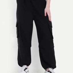 Broadstar Black Regular Fit High Rise Parachute Trousers-25