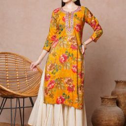 Fashor Yellow Pure Cotton Printed Three-Quarter Sleeves Kurta-image-48
