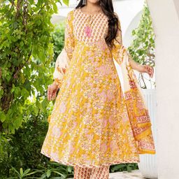 Pistaa Floral Printed Layered Pure Cotton Flared Kurta With Trousers & Dupatta-picture-2