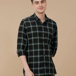 CAVALLO by Linen Club Black Linen Blend Slim fit Checks casual shirts-image-130