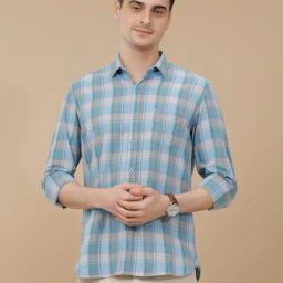 CAVALLO by Linen Club Blue Linen Blend Slim fit Checks casual shirts-image-82
