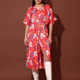 Purvaja Red Satin Relaxed Fit Floral Print Dress-image-41