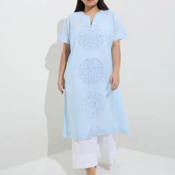 Diza by Westside Light Blue Schiffli Detailed Cotton A-Line Kurta-picture-14