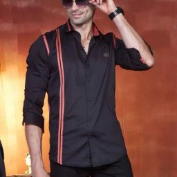 Almaty Black Cotton Slim Fit Striped Shirt-image-16