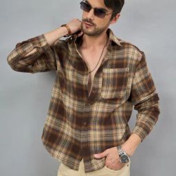 Chimpaaanzee Brown Oversized Fit Checks Shirt-image-0