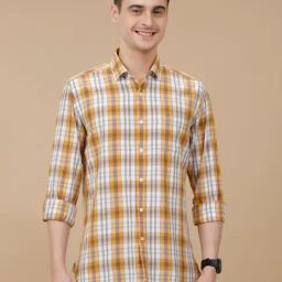 CAVALLO by Linen Club Yellow Linen Blend Slim fit Checks casual shirts-picture-16