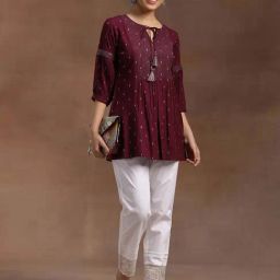 Libas Burgundy Geometric Wovend Design Pleated A-line Kurti with Dobby Weave image 4