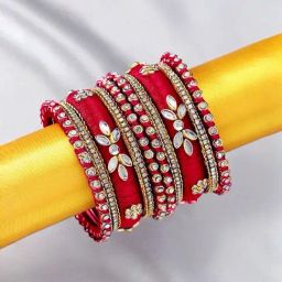 Peora Silk Thread Kundan Studded Chuda Red Bangle -Set of 18-image-4