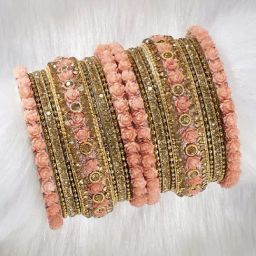 Peora Gold Plated Bridal Peach Floral Rose Metal Chuda Bangle -Set of 18-image-1
