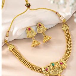 Peora Gold Plated Pink Green Synthetic Stone & Pearl Necklace & Earring Set-10