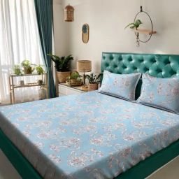 Klotthe Sky Blue Cotton Blend Printed 300 TC King Flat Bedsheet with 2 Pillow Covers-picture-1