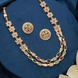 Saraf RS Jewellery Gold Plated Multicolor Stones Floral Double Layered Jewellery Set-picture-7