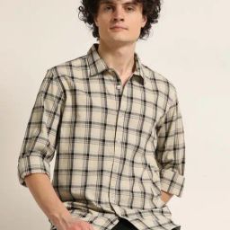 Bushirt Beige 100% Cotton Checked Shirt-picture-31