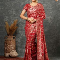 Satrani Red Cotton Silk Woven Saree With Unstitched Blouse-image-41