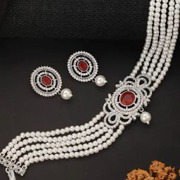Saraf RS Jewellery Silver Toned Red Ruby Studded Pearl Beaded Choker Jewellery Set-2