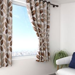 Cortina Beige & Brown Single Leaf Print Window Curtain-35