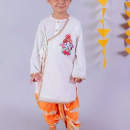 Lil Drama Janmashtami White Boys Cotton Kurta and Orange Dhoti Ethnic Set-picture-9