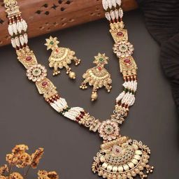 Saraf RS Jewellery Gold Plated Fusion Stone Filigree Long Maala Bridal Jewellery Set-51