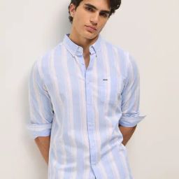 The Bear House Blue Cotton Slim Fit Striped Shirt-image-29