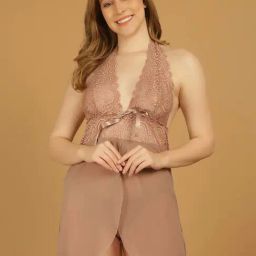 Stylee LIFESTYLE Beige Lace Work Babydoll With Brief-image-70