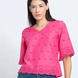 SHAYE Pink Cotton Embroidered Top-image-102