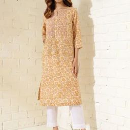 Fabindia Yellow Cotton Hand Block Printed Long Kurta-image-15