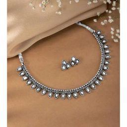 Peora Silver Plated White Kundan Studded Ethnic Choker Necklace Stud Earrings Set-0